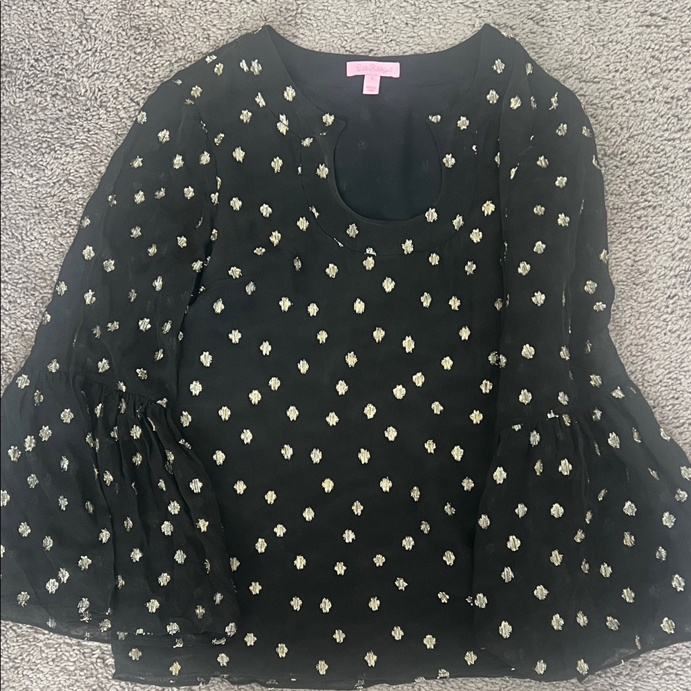 Lilly Pulitzer Black Blouse with Metallic Gold Dot Accents